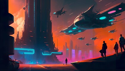 A futuristic cityscape with a diverse group of people