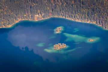 Eibsee lake from above Zugspitze at dramatic autumn landscape, Garmisch, Germany
