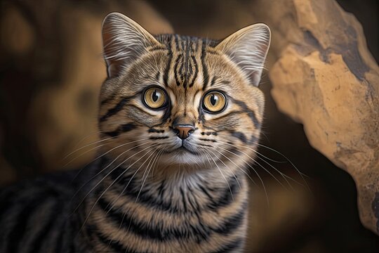 Closeup of a black-footed cat portrait at the zoo. Wild animal with adorable cute kitten face. Safari nature wildlife.