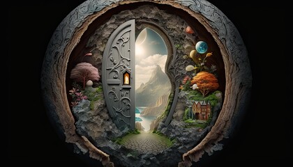 Abstract keyhole into another world. Doorway to enchanted fantasy landscape. Detailed artwork with beautiful land beyond.