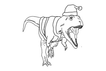 Angry Tyrannosaurus rex wearing a Santa Claus Christmas costume
