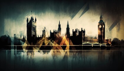 Abstract London England city landscape. Big Ben, London Eye, bridge and Thames. UK colorful illustration concept art.  - obrazy, fototapety, plakaty