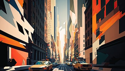 Abstract New York City architecture. Times Square cityscape colorful illustration concept art. Skyscrapers and taxi cabs.