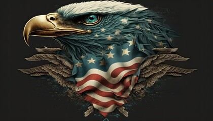 Abstract portrait of an American eagle with USA flag. Stars and stripes with bald eagle. Strength, patriotism, emblem, symbol.