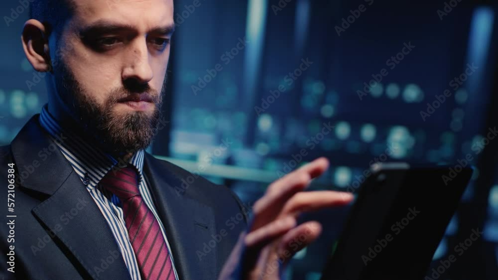 Poster it technician running hosting server diagnostics on tablet in modern data center, supercomputer netw