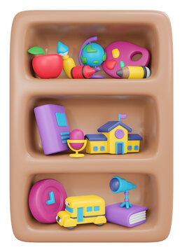 3D Rendering back to school shelves with education icons cartoon style. 3D Render illustration.