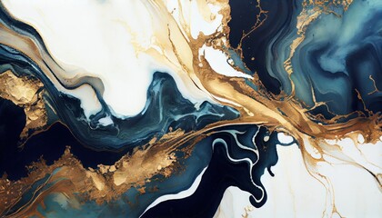 Background mixed liquid paint blue and white, gold colors. Luxury marble texture. Marble wallpaper oil slick watercolor. liquid oil background. generative ai