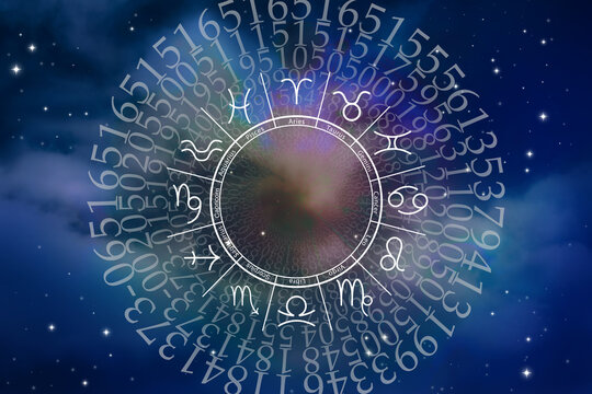 Numerology. Many numbers and zodiac wheel against sky