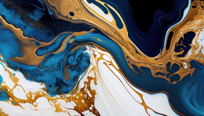 Background mixed liquid paint blue and white, gold colors. Luxury marble texture. Marble wallpaper oil slick watercolor. liquid oil background. generative ai