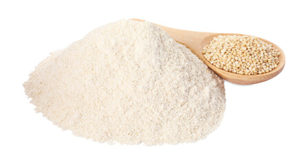 Pile of quinoa flour and spoon with seeds on white background
