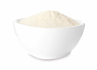 Bowl with quinoa flour on white background