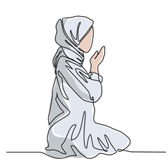 A moslem woman is praying the mosque during ramadhan time with continuous line art drawing style. design with Minimalist black linear design isolated on white background. Vector illustration