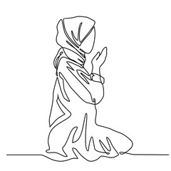 A moslem woman is praying the mosque during ramadhan time with continuous line art drawing style. design with Minimalist black linear design isolated on white background. Vector illustration