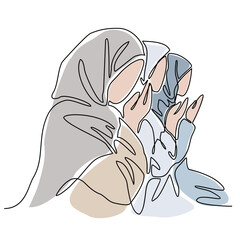 Moslem women are praying in the mosque during ramadhan time with continuous line art drawing style. design with Minimalist black linear design isolated on white background. Vector illustration