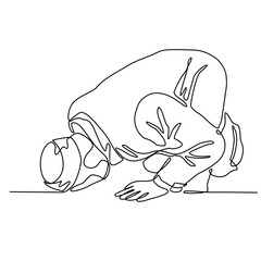 A moslem man is praying the mosque during ramadhan time in continuous line art drawing style. design with Minimalist black linear design isolated on white background. Vector illustration