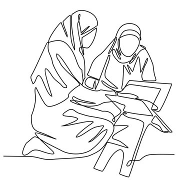 recommend clip art: moslem Woman read Quran in the mosque during ramadhan time in continuous line art drawing style. design with Minimalist black linear design isolated on white background. Vector illustration