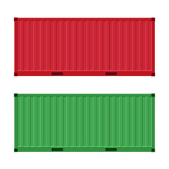 Red and blue containers for cargo transportation on a white background. Shipping container. Freight shipping container hanging on crane hook. Metal container. 