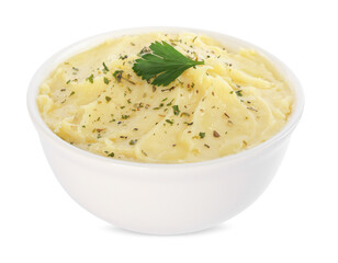 Bowl of delicious mashed potato with parsley isolated on white