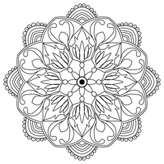 Flower Mandala. Circular flower mandala pattern for Henna, Mehndi, tattoo, decoration. Decorative ornament in ethnic oriental style. Outline doodle hand draw vector illustration.