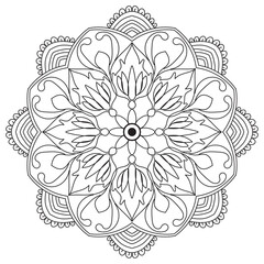 Flower Mandala. Circular flower mandala pattern for Henna, Mehndi, tattoo, decoration. Decorative ornament in ethnic oriental style. Outline doodle hand draw vector illustration.