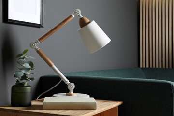 Stylish modern desk lamp, book and plant on wooden cabinet in living room