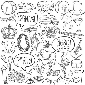 Mardi Gras Doodle Icons. Hand Made Line Art. Carnival Party  Clipart Logotype Symbol Design.
