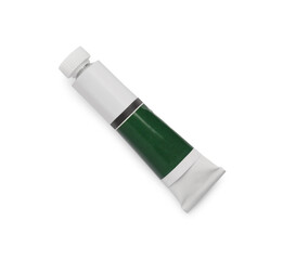 Tube with dark green oil paint on white background, top view