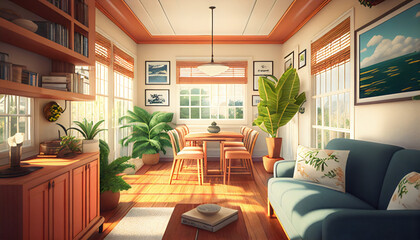 Fototapeta premium cozy living room interior with sofa, blanket and table