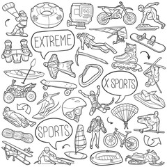 Extreme Sports Doodle Icons. Hand Made Line Art. Activity Clipart Logotype Symbol Design.