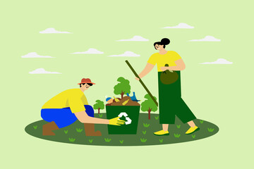 Fototapeta premium Day illustration of the flattened world environment. natural green couple 