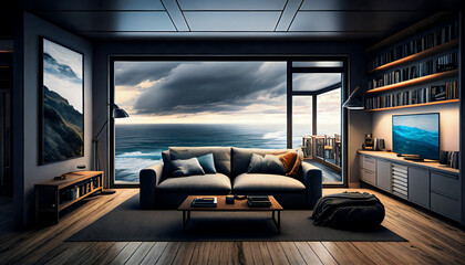 Fototapeta premium oceanview living room with sofa, chair, light,