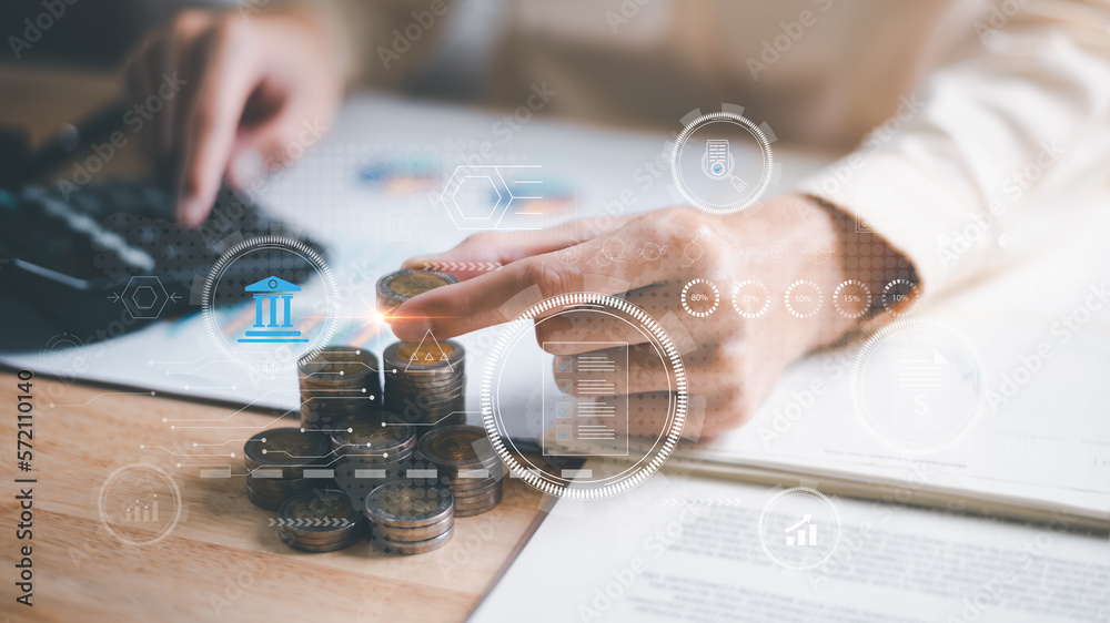 Aufkleber accountant putting money coins and calculate the numbers in the company's financial documents with a calculator, Planning to assess and review the budget, concept of finance and investment
