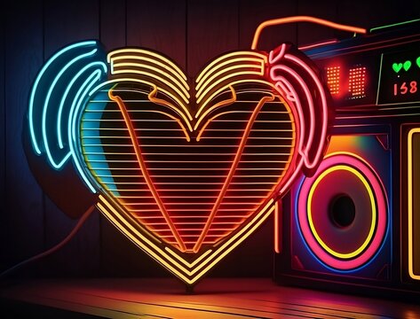 LED light symbol heart on music background colorful, Generative AI