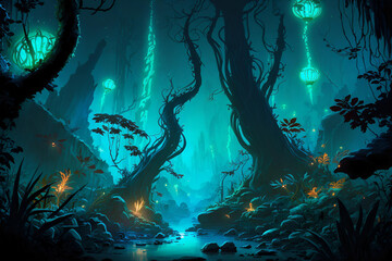 Fototapeta na wymiar A serene scene of Pandora's bioluminescent forest at night, with glowing plants , vine, and glowing woodsprite and creatures illuminating the landscape. 