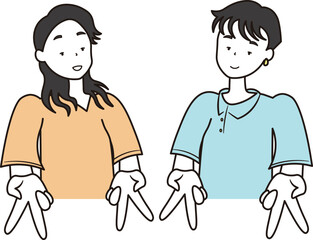 逆ピースをしている2人のアジア人女性のイラスト素材