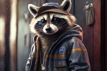 Portrait of raccoon wearing street hiphop fashion. Animal wears Hip hop street fashion and 1980s hip hop golden age concept. Made with Generative AI