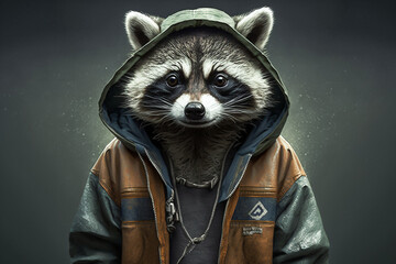Portrait of raccoon wearing street hiphop fashion. Animal wears Hip hop street fashion and 1980s hip hop golden age concept. Made with Generative AI