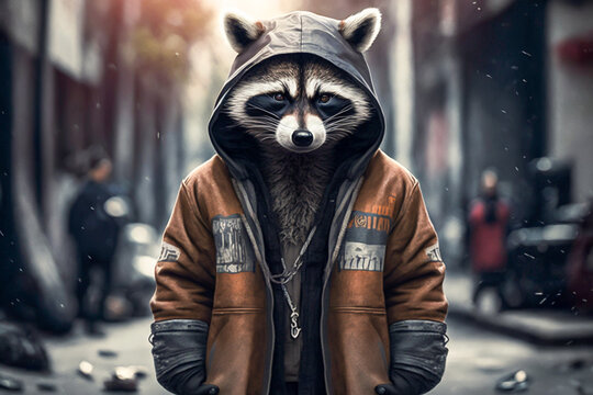 Portrait of raccoon wearing street hiphop fashion. Animal wears Hip hop street fashion and 1980s hip hop golden age concept. Made with Generative AI