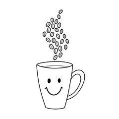 Invigorating cup of hot coffee with coffee beans in the style of kawaii doodle. Coffee break. Vector illustration.