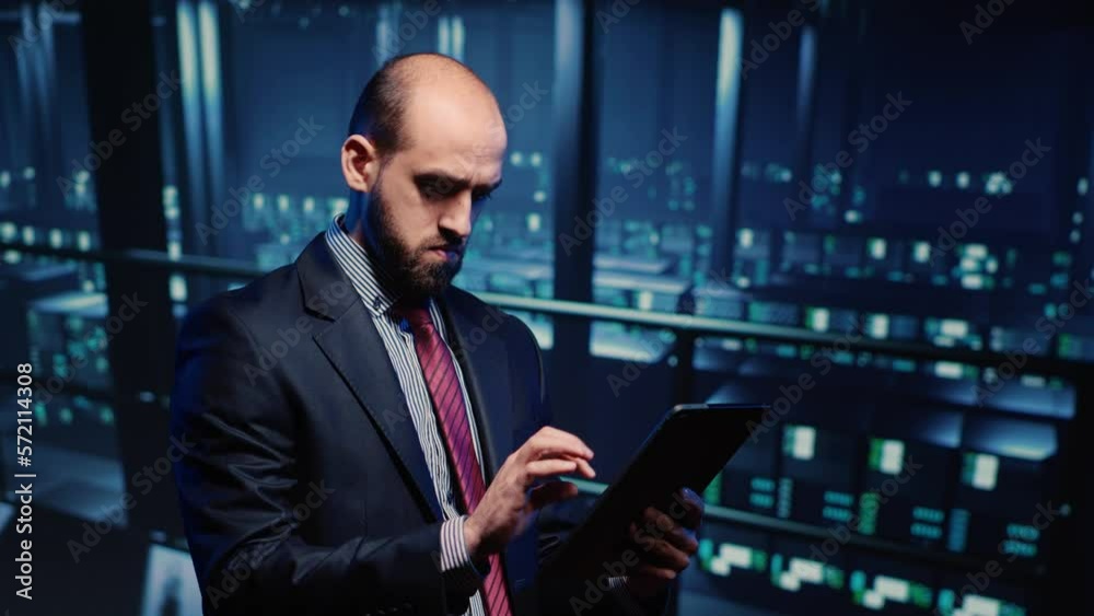 Poster it administrator running security diagnostics on tablet, inspecting networking service with computer