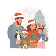 Obraz na płótnie Canvas Family sweater isolated cartoon vector illustration. Family wearing funny sweaters with similar design, winter holiday fun, celebrating Christmas together, parents and children vector cartoon.