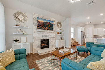 White living room with pops of color