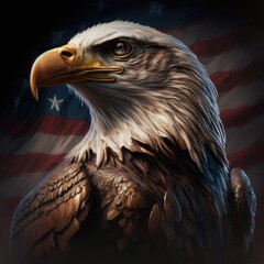 Bald eagle with high contrast American flag background