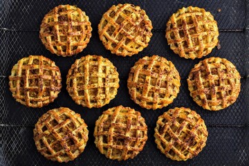 Tea time with apple pie on back marble table