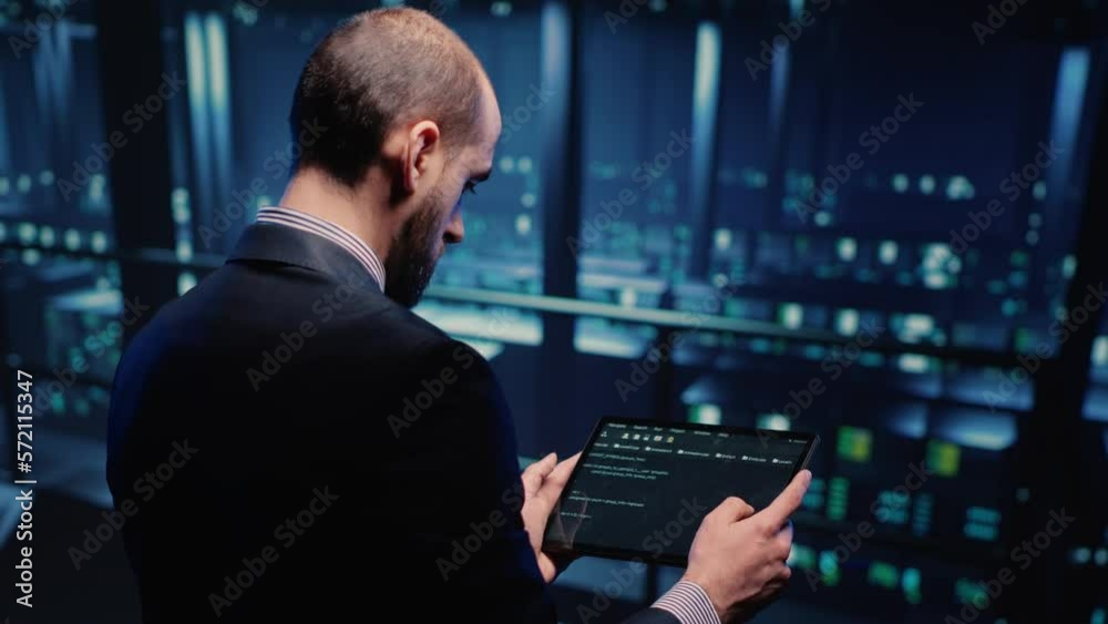Poster it support specialist working with hosting server using tablet in professional data center, planning