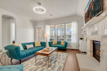 White living room with pops of color