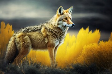 a wolf standing in a yellow field of tall grass