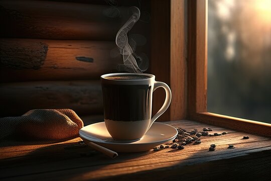 The black coffee in the cup sits on a dark wood panel with fragrant roasted coffee beans with natural light scenes from the golden windows. AI-generated images