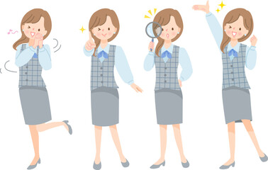 仕事をする色々なポーズの女性の表情セット