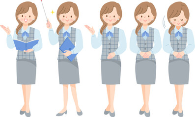 仕事をする色々なポーズの女性の表情セット